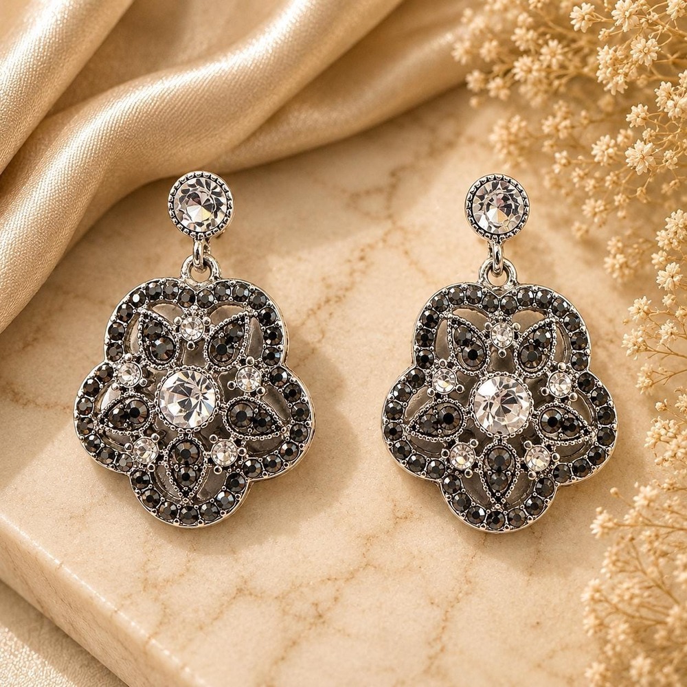 Vtg Liz‎ Claiborne Victorian Revival Gray Crystal Earrings Sample One of a Kind